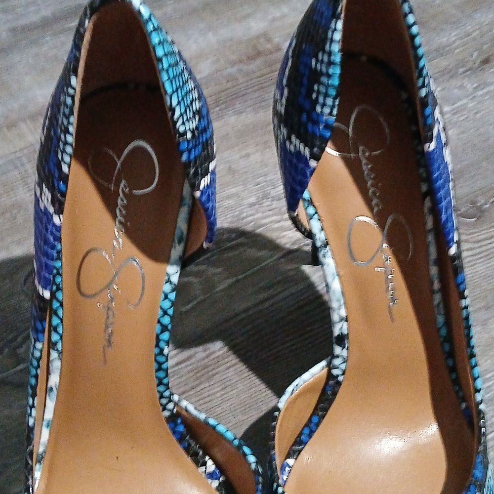 Jessica Simpson blue black white snakeskin print heels Sz 8 NWOB - Picture 6 of 8